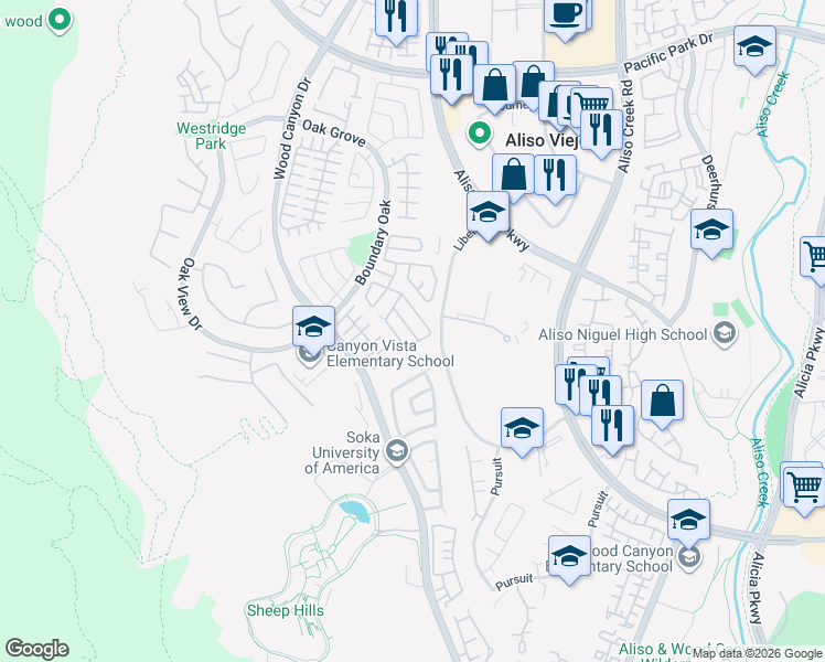 map of restaurants, bars, coffee shops, grocery stores, and more near 30 Seven Kings Place in Aliso Viejo