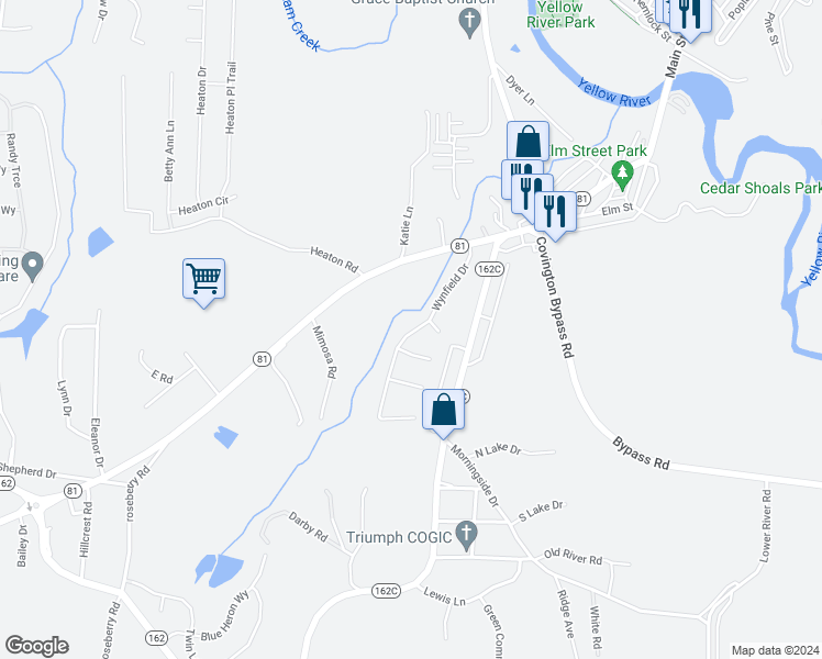 map of restaurants, bars, coffee shops, grocery stores, and more near 110 Wynfield Drive in Covington