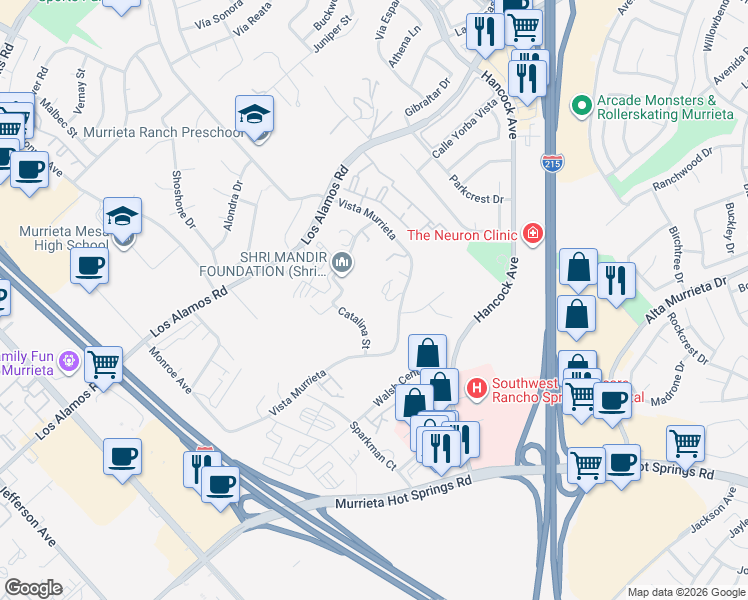 map of restaurants, bars, coffee shops, grocery stores, and more near 40600 Myers Lane in Murrieta