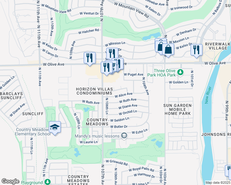 map of restaurants, bars, coffee shops, grocery stores, and more near 8744 North 106th Avenue in Peoria