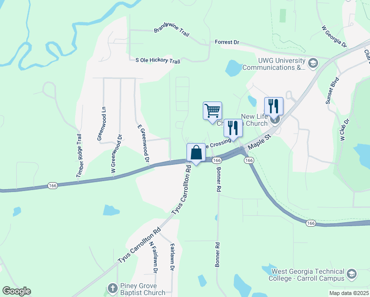 map of restaurants, bars, coffee shops, grocery stores, and more near 107 Live Oak Lane in Carrollton