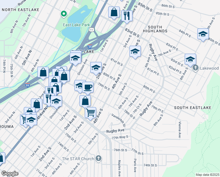 map of restaurants, bars, coffee shops, grocery stores, and more near 7904 4th Avenue South in Birmingham