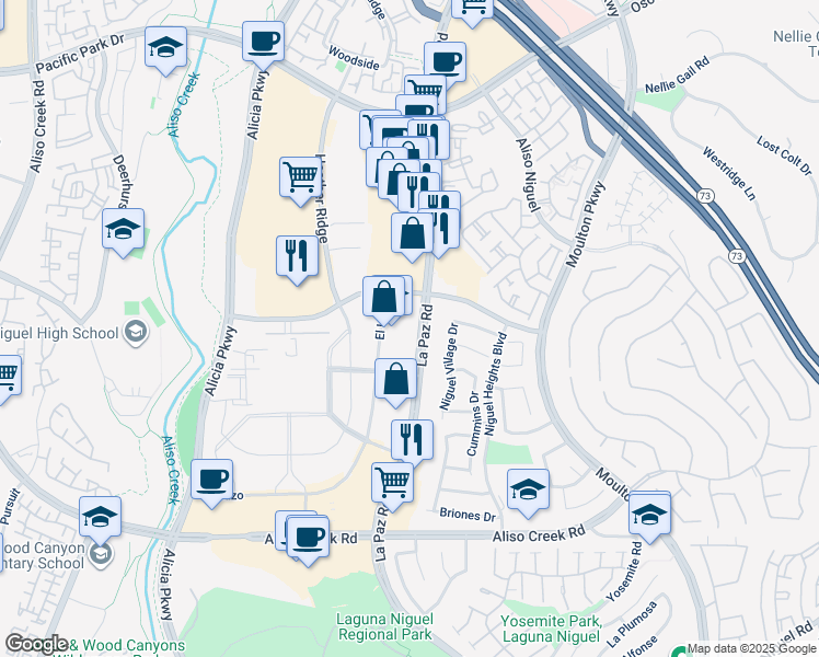 map of restaurants, bars, coffee shops, grocery stores, and more near 27631 La Paz Road in Laguna Niguel