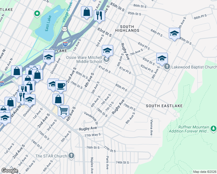 map of restaurants, bars, coffee shops, grocery stores, and more near 618 80th Place South in Birmingham
