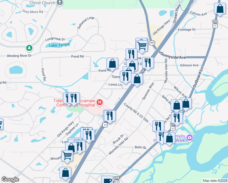 map of restaurants, bars, coffee shops, grocery stores, and more near 763 Nelson Drive in Murrells Inlet