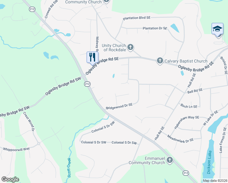 map of restaurants, bars, coffee shops, grocery stores, and more near 4751 Cold Creek Way Southeast in Conyers