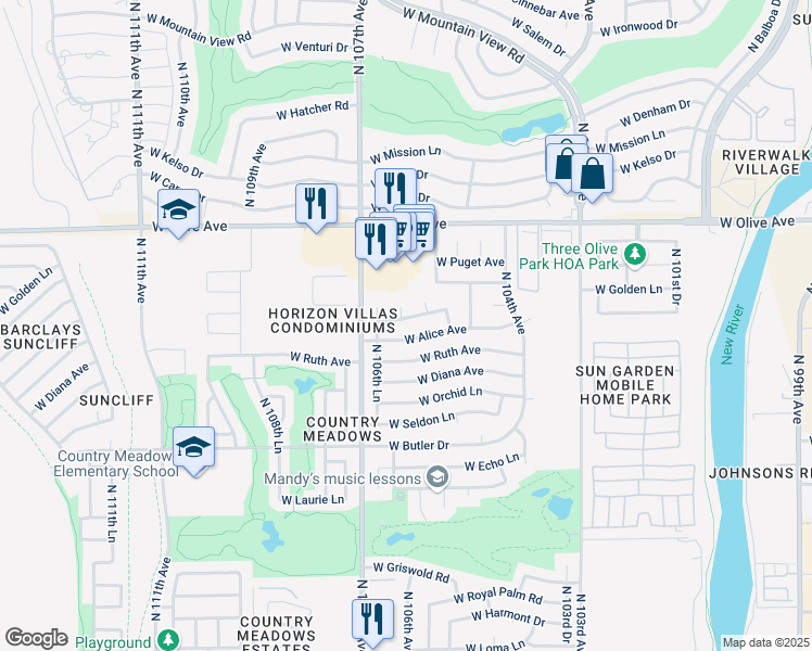 map of restaurants, bars, coffee shops, grocery stores, and more near 8744 North 106th Avenue in Peoria