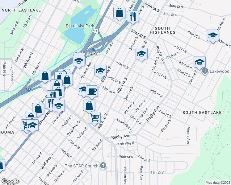 map of restaurants, bars, coffee shops, grocery stores, and more near 7904 4th Avenue South in Birmingham