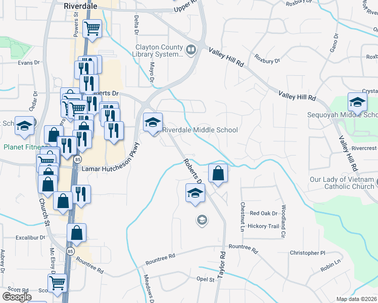 map of restaurants, bars, coffee shops, grocery stores, and more near 401 Patrick Henry Court in Riverdale