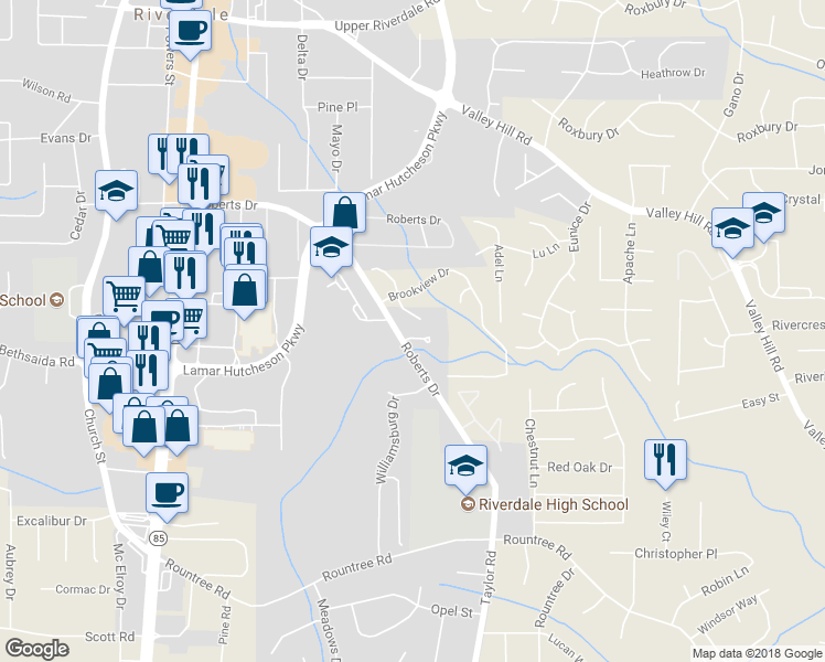 map of restaurants, bars, coffee shops, grocery stores, and more near 423 Patrick Henry Court in Riverdale