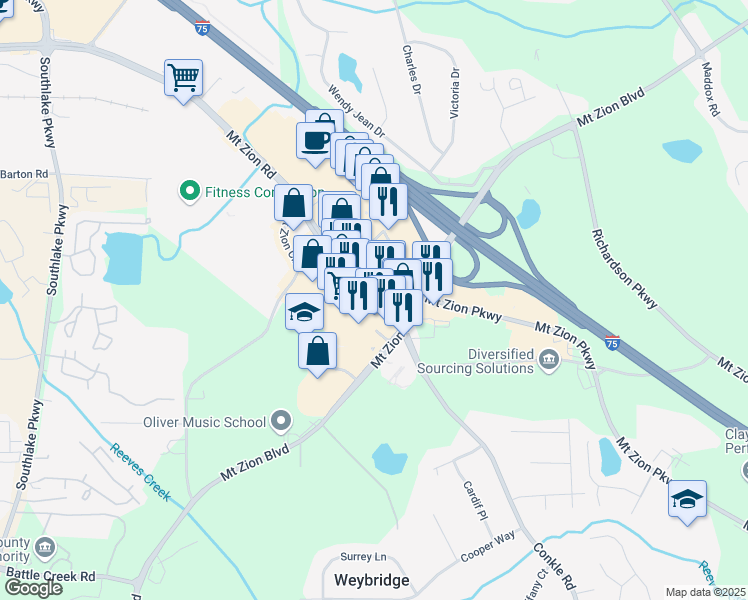 map of restaurants, bars, coffee shops, grocery stores, and more near 2045 Mt Zion Rd in Morrow