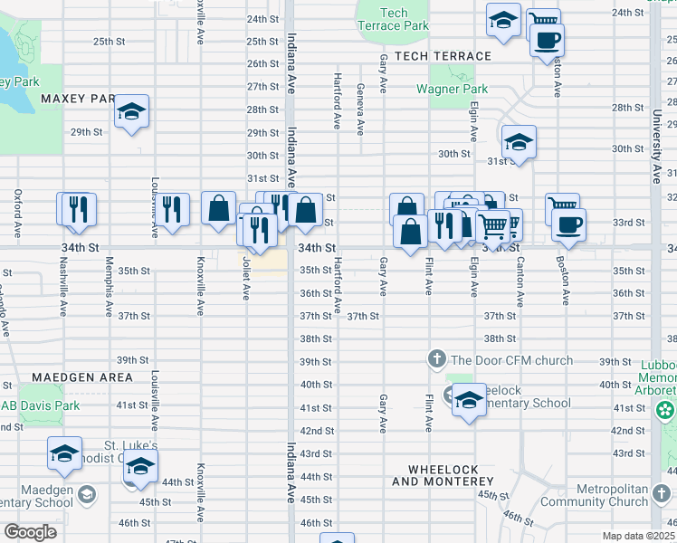 map of restaurants, bars, coffee shops, grocery stores, and more near 3505 Hartford Avenue in Lubbock