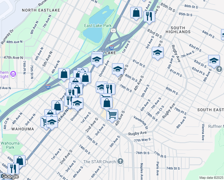 map of restaurants, bars, coffee shops, grocery stores, and more near 7816 2nd Avenue South in Birmingham