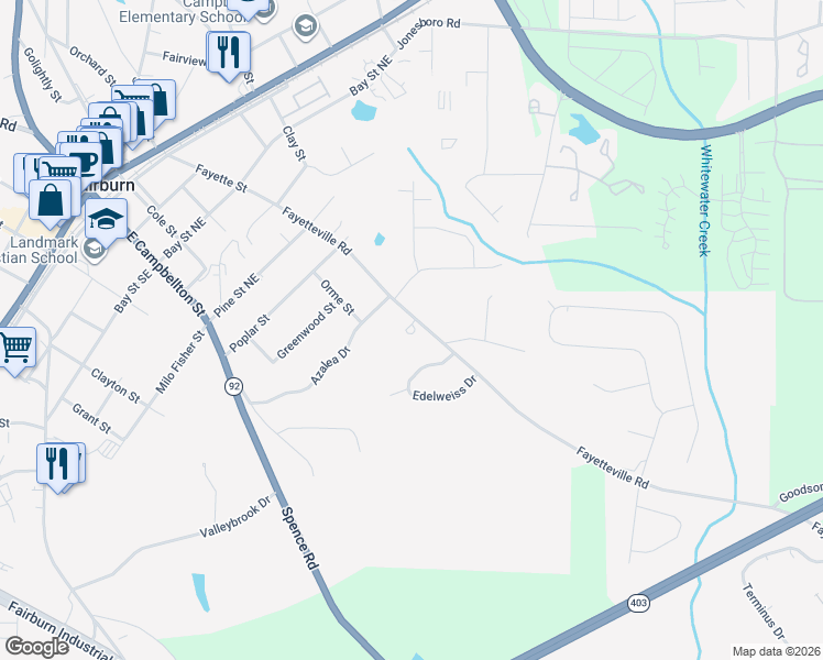 map of restaurants, bars, coffee shops, grocery stores, and more near 409 Fayetteville Road in Fairburn