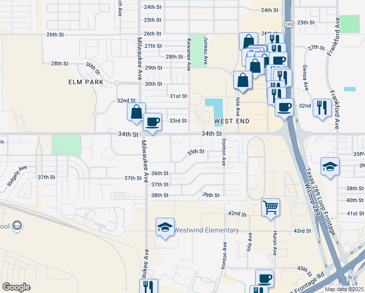 map of restaurants, bars, coffee shops, grocery stores, and more near 6301 34th Place in Lubbock