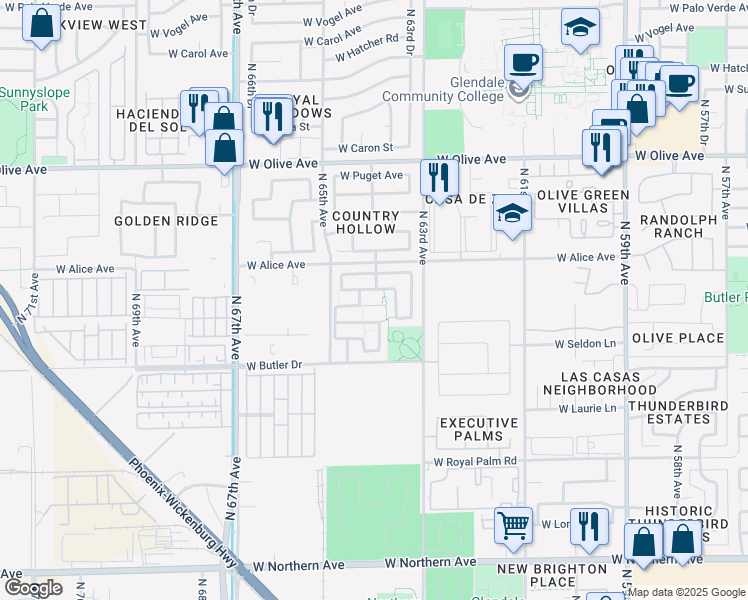 map of restaurants, bars, coffee shops, grocery stores, and more near 6408 West Diana Avenue in Glendale