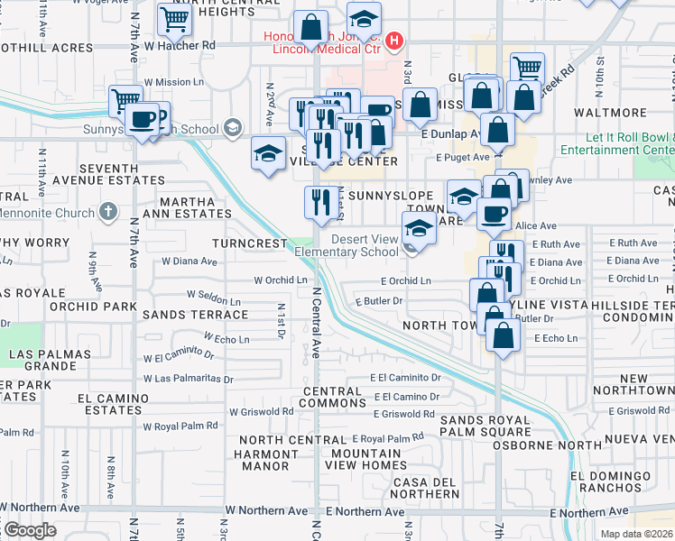 map of restaurants, bars, coffee shops, grocery stores, and more near 33 East Ruth Avenue in Phoenix