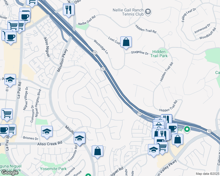map of restaurants, bars, coffee shops, grocery stores, and more near 27555 Rosebud Way in Laguna Niguel