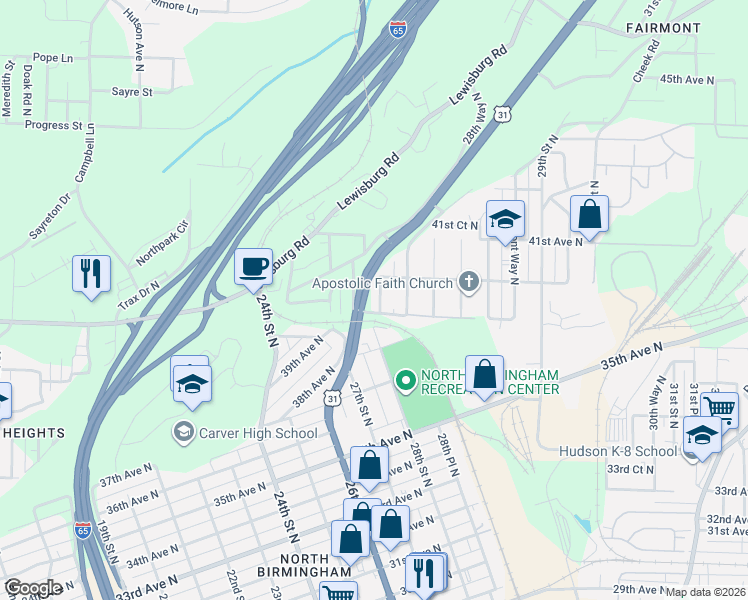 map of restaurants, bars, coffee shops, grocery stores, and more near 3916 28th Street North in Birmingham