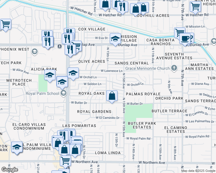 map of restaurants, bars, coffee shops, grocery stores, and more near 8621 N 16th Ave in Phoenix