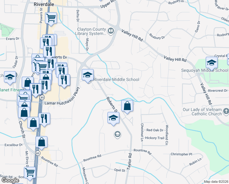 map of restaurants, bars, coffee shops, grocery stores, and more near 401 Patrick Henry Court in Riverdale