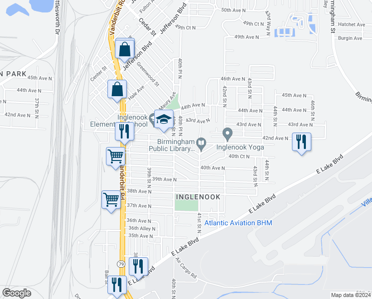 map of restaurants, bars, coffee shops, grocery stores, and more near 4021 40th Terrace North in Birmingham