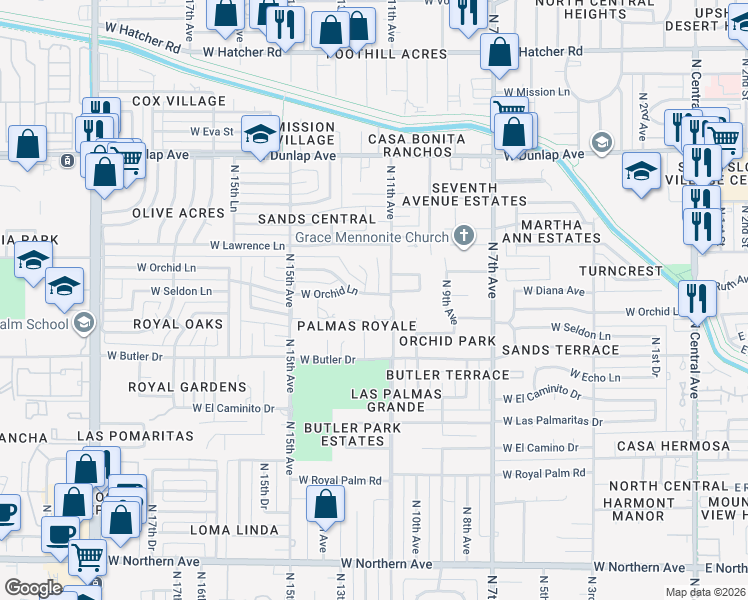 map of restaurants, bars, coffee shops, grocery stores, and more near 1111 West Orchid Lane in Phoenix