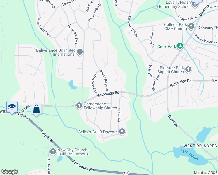 map of restaurants, bars, coffee shops, grocery stores, and more near 7060 Smoke Ridge Drive in Fairburn