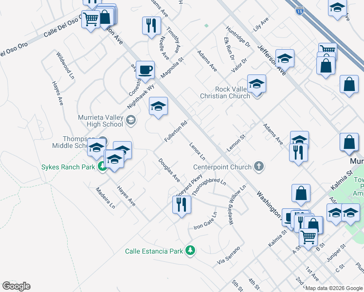 map of restaurants, bars, coffee shops, grocery stores, and more near 24211 Lenox Lane in Murrieta