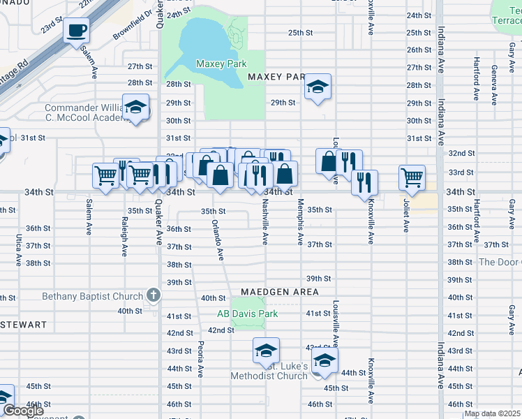 map of restaurants, bars, coffee shops, grocery stores, and more near 4102 35th Street in Lubbock