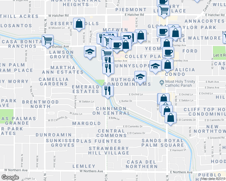 map of restaurants, bars, coffee shops, grocery stores, and more near 33 East Ruth Avenue in Phoenix