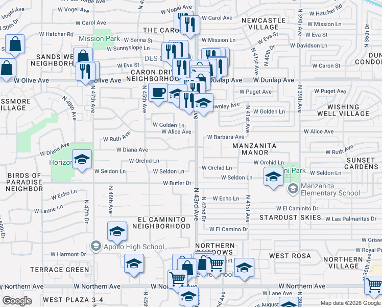 map of restaurants, bars, coffee shops, grocery stores, and more near 4309 West Ruth Avenue in Glendale
