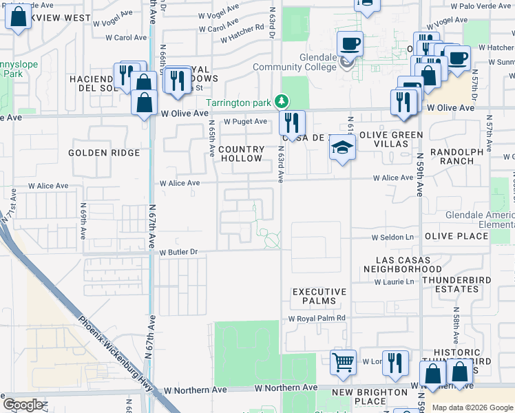 map of restaurants, bars, coffee shops, grocery stores, and more near 6408 West Diana Avenue in Glendale