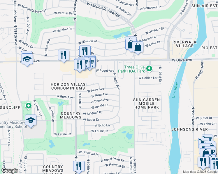 map of restaurants, bars, coffee shops, grocery stores, and more near 8734 North 105th Avenue in Peoria