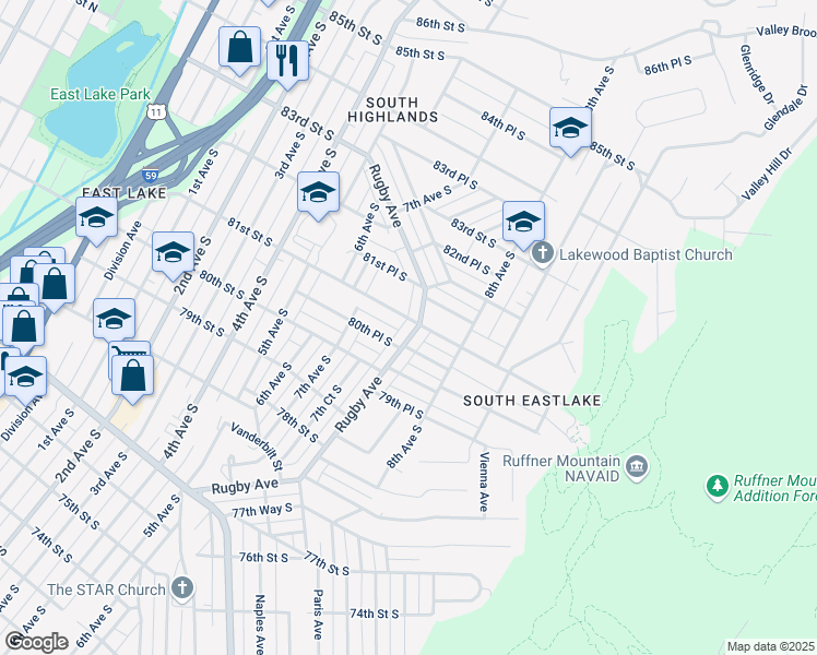 map of restaurants, bars, coffee shops, grocery stores, and more near 8038 Rugby Avenue in Birmingham