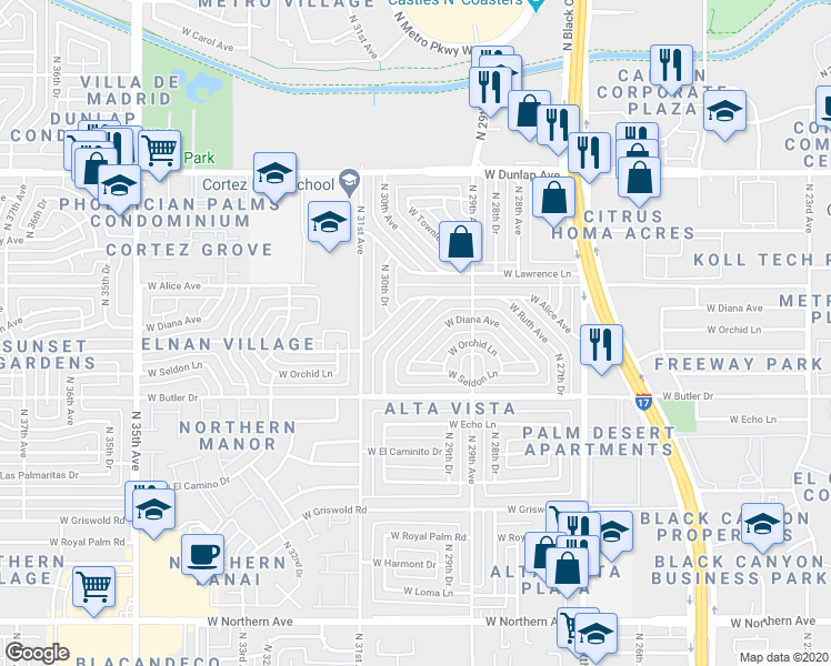 map of restaurants, bars, coffee shops, grocery stores, and more near 8605 North 30th Drive in Phoenix
