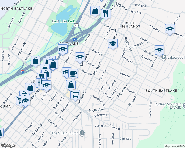 map of restaurants, bars, coffee shops, grocery stores, and more near 7904 4th Avenue South in Birmingham
