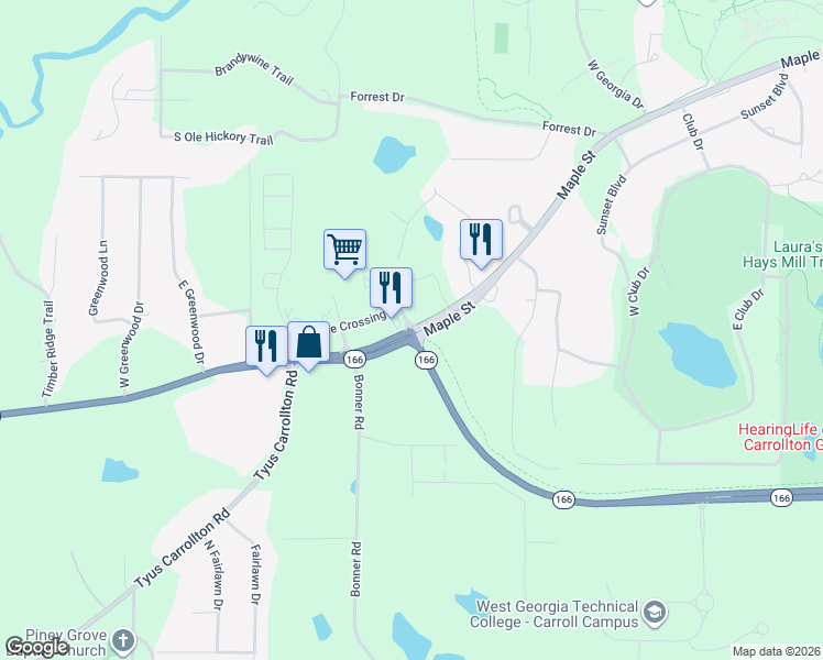 map of restaurants, bars, coffee shops, grocery stores, and more near Georgia 166 in Carrollton