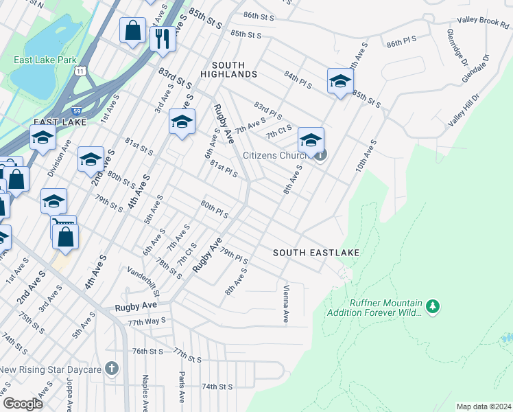 map of restaurants, bars, coffee shops, grocery stores, and more near 761 81st Street South in Birmingham