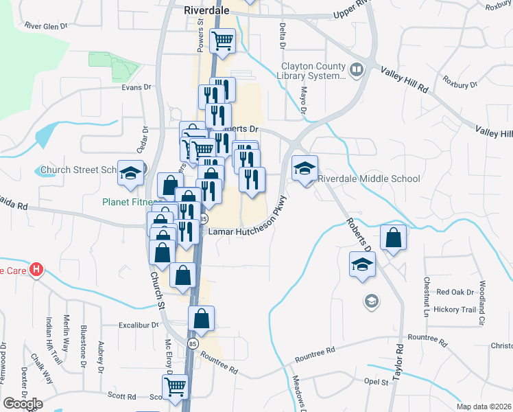 map of restaurants, bars, coffee shops, grocery stores, and more near 624 Lamar Hutcheson Parkway in Riverdale