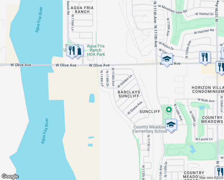 map of restaurants, bars, coffee shops, grocery stores, and more near 11401 W Golden Ln in Peoria