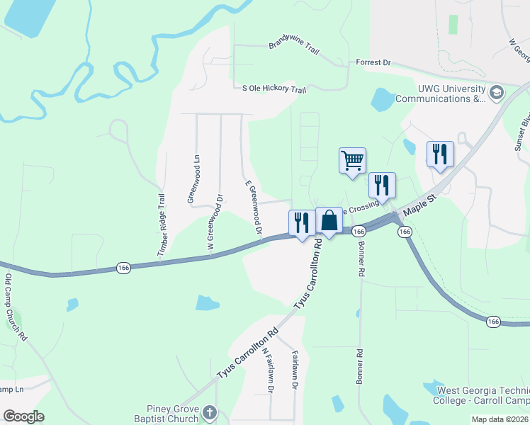 map of restaurants, bars, coffee shops, grocery stores, and more near 55 East Greenwood Drive in Carrollton