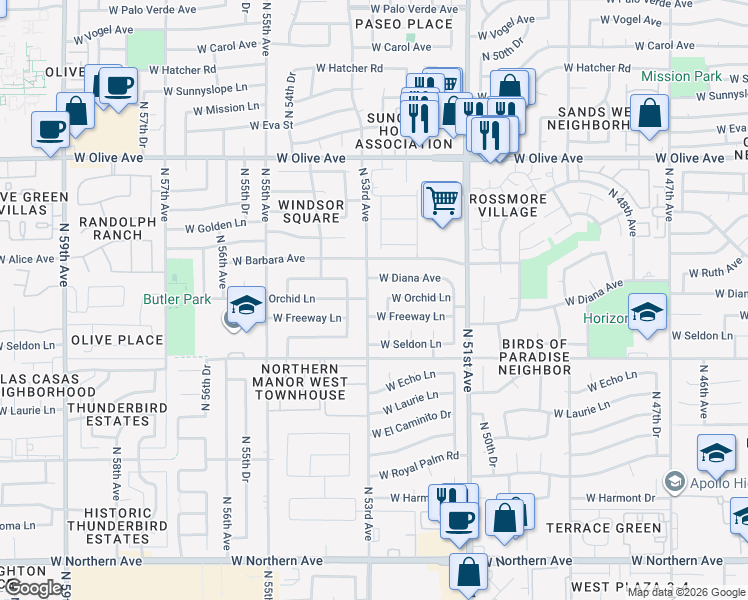 map of restaurants, bars, coffee shops, grocery stores, and more near 8551 N 53rd Ave in Glendale