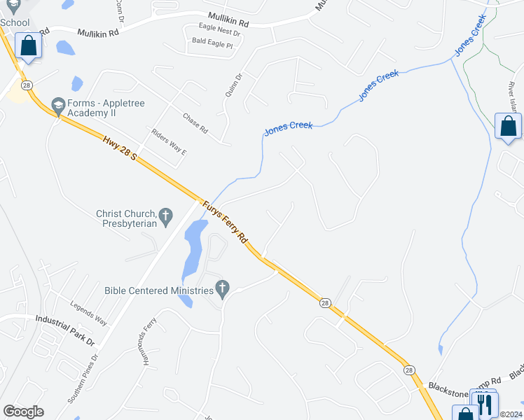map of restaurants, bars, coffee shops, grocery stores, and more near 913 Nerium Trail in Evans