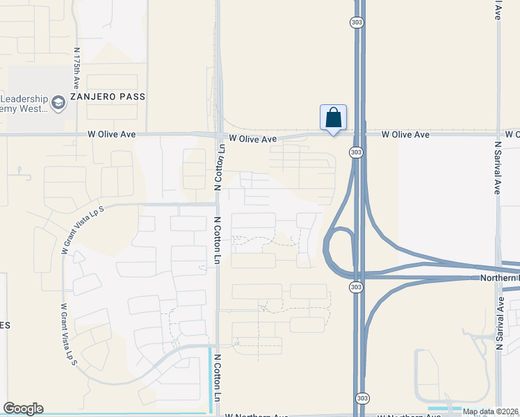 map of restaurants, bars, coffee shops, grocery stores, and more near 17015 West Lawrence Lane in Waddell