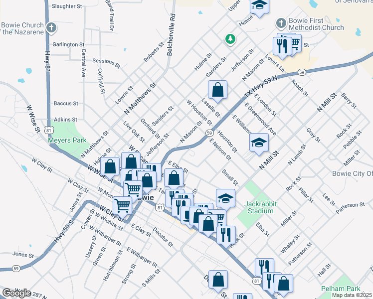 map of restaurants, bars, coffee shops, grocery stores, and more near 609 Texas 59 in Bowie