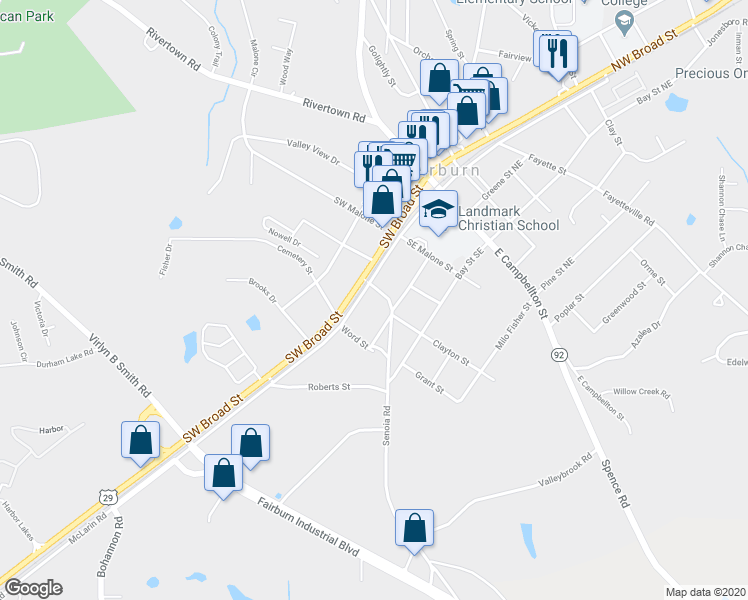 map of restaurants, bars, coffee shops, grocery stores, and more near 51 Senoia Road in Fairburn