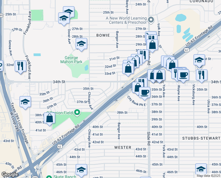 map of restaurants, bars, coffee shops, grocery stores, and more near 3409 Belmont Avenue in Lubbock