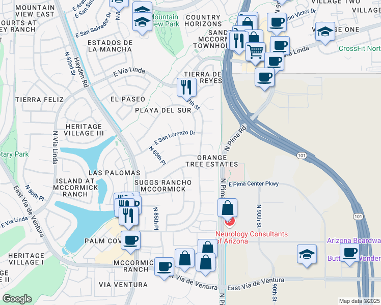 map of restaurants, bars, coffee shops, grocery stores, and more near 8636 East San Jacinto Drive in Scottsdale