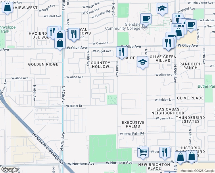 map of restaurants, bars, coffee shops, grocery stores, and more near 6408 West Diana Avenue in Glendale